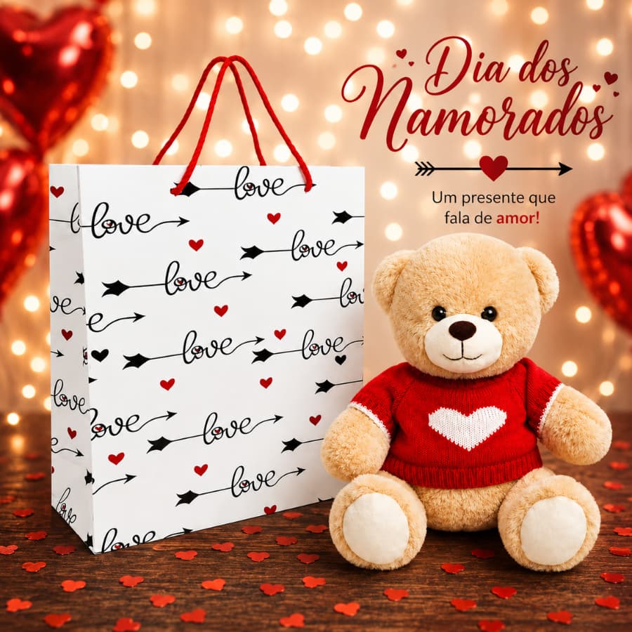 Kit Presente Dia Dos Namorados Urso + Sacola Love 32x26cm Lembrancinha Romantica ursinho fofo