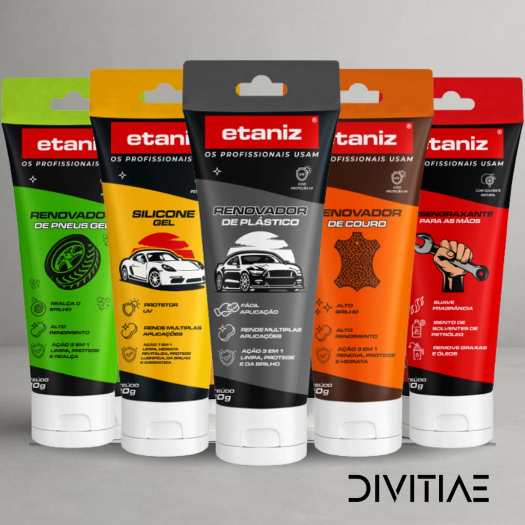 Kit Estética Automotiva Etaniz 5 Produtos Renovador Couro Plástico Pneu Silicone Desengraxante 220g