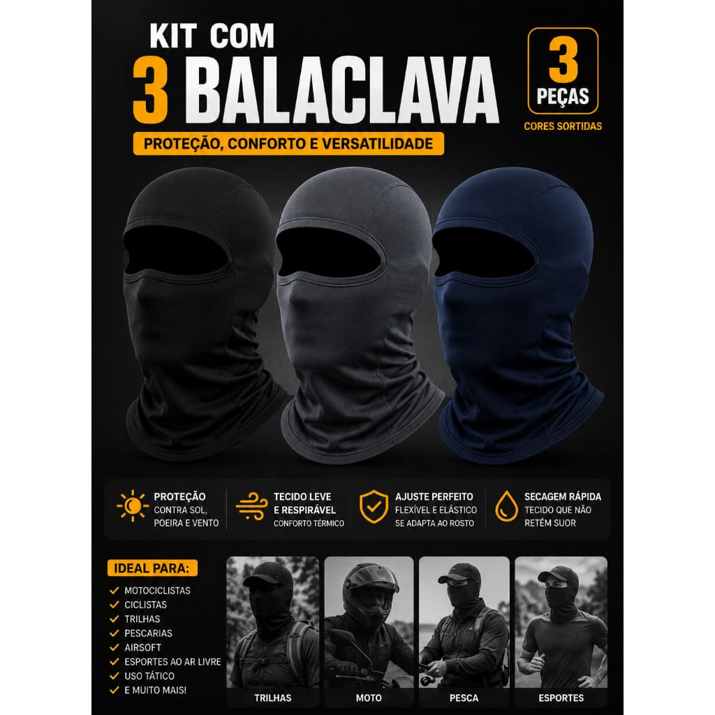 Touca Kit com 3 Balaclava Motoqueiros Militar Tatica Frio Máscara Moto proteção solar raios UV 50+ térmica