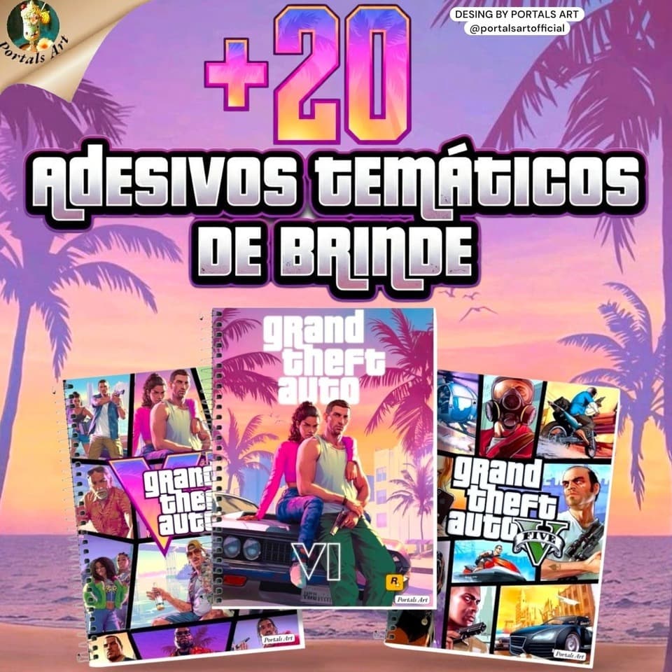 Caderno GTA personalizado + 20 adesivos temáticos de brinde A4 96 e 200 folhas universitário pautado