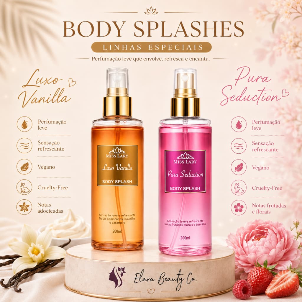 Body Splash Miss Lary 200ml Luxo Vanilla ou Pura Seduction Feminino Vegano