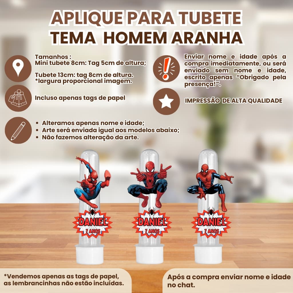 Apliques para Mini Tubete 8cm ou Tubete 13cm 3d Tema homem aranha | Tag Personalizado com Nome e Idade aniversário