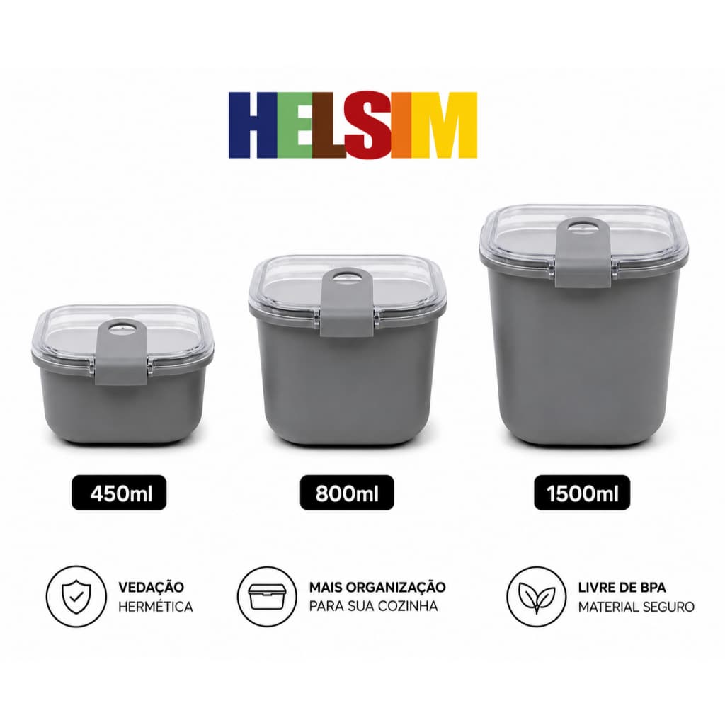 Kit Potes Herméticos Helsim Click Cinza 450ml + 800ml + 1500ml com Tampa Easy Open