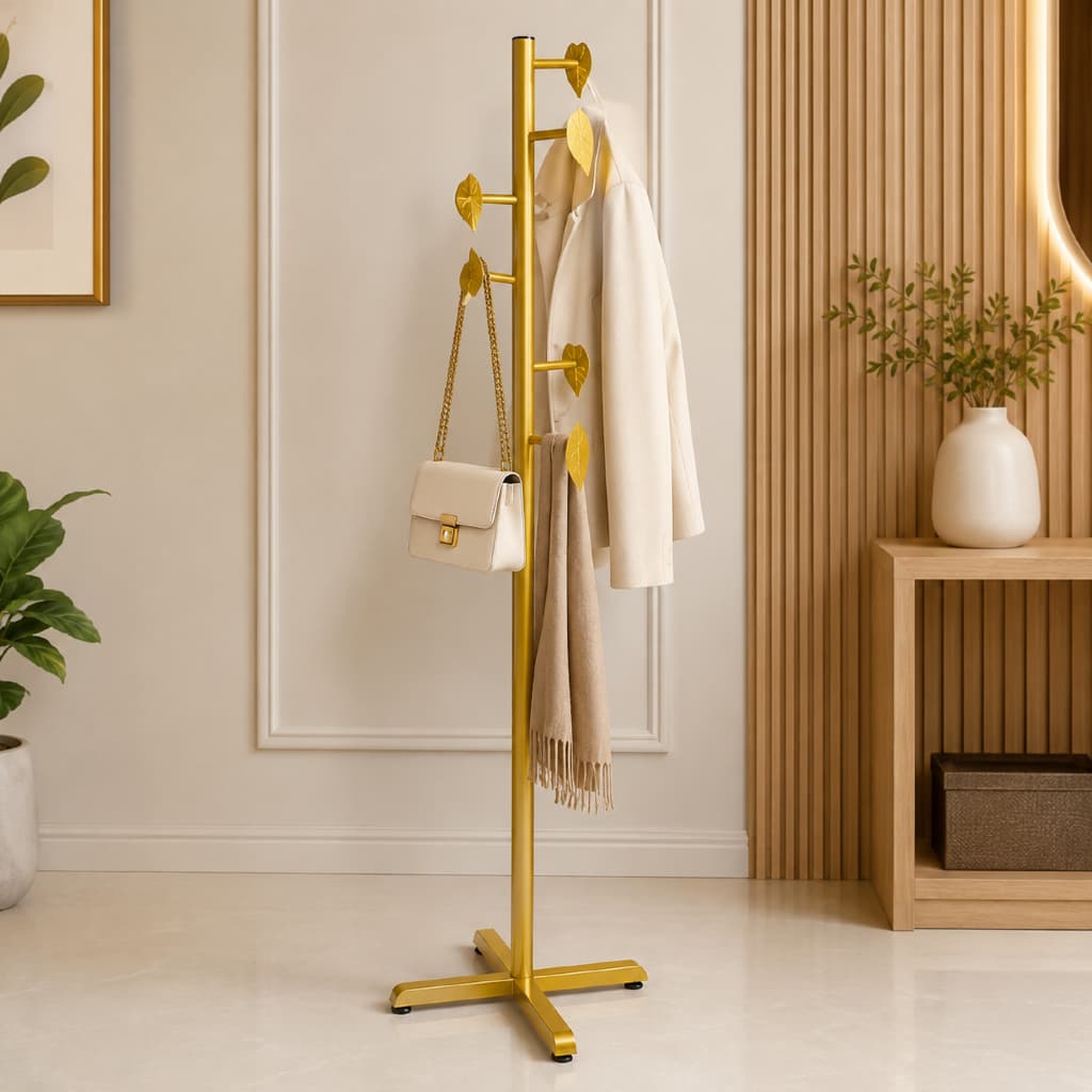Cabideiro de Chão Moderno 6 Gancho Leaf Luxo em Aço Inoxidavel | Mancebo para Roupas, Bolsas e Acessórios Arara Vertical