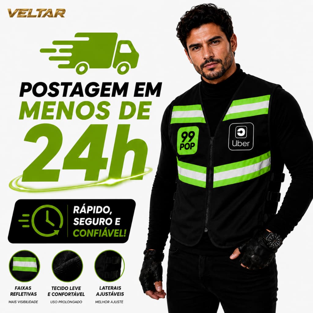 Colete para motoqueiro Motoboy Mototáxi uber 99 com faixas refletivas