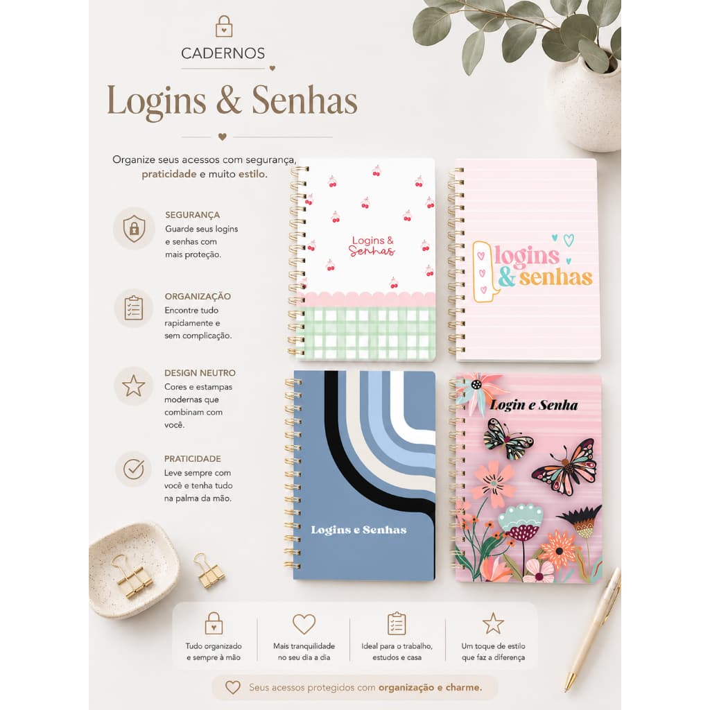Caderno de logins e senhas em tamanho A5 - Capa Dura
