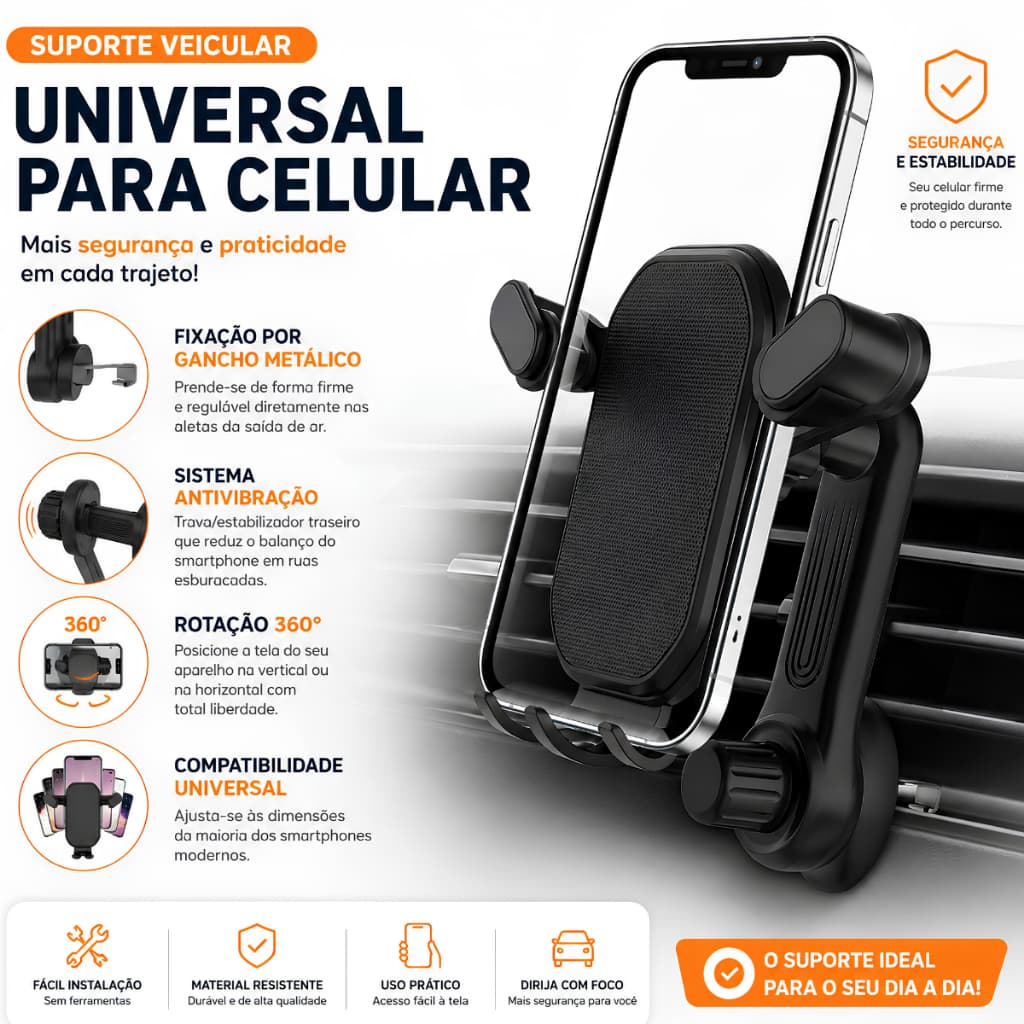 Suporte Veicular para Celular Saída De Ar Condicionado 360 Graus Preto Original Peining