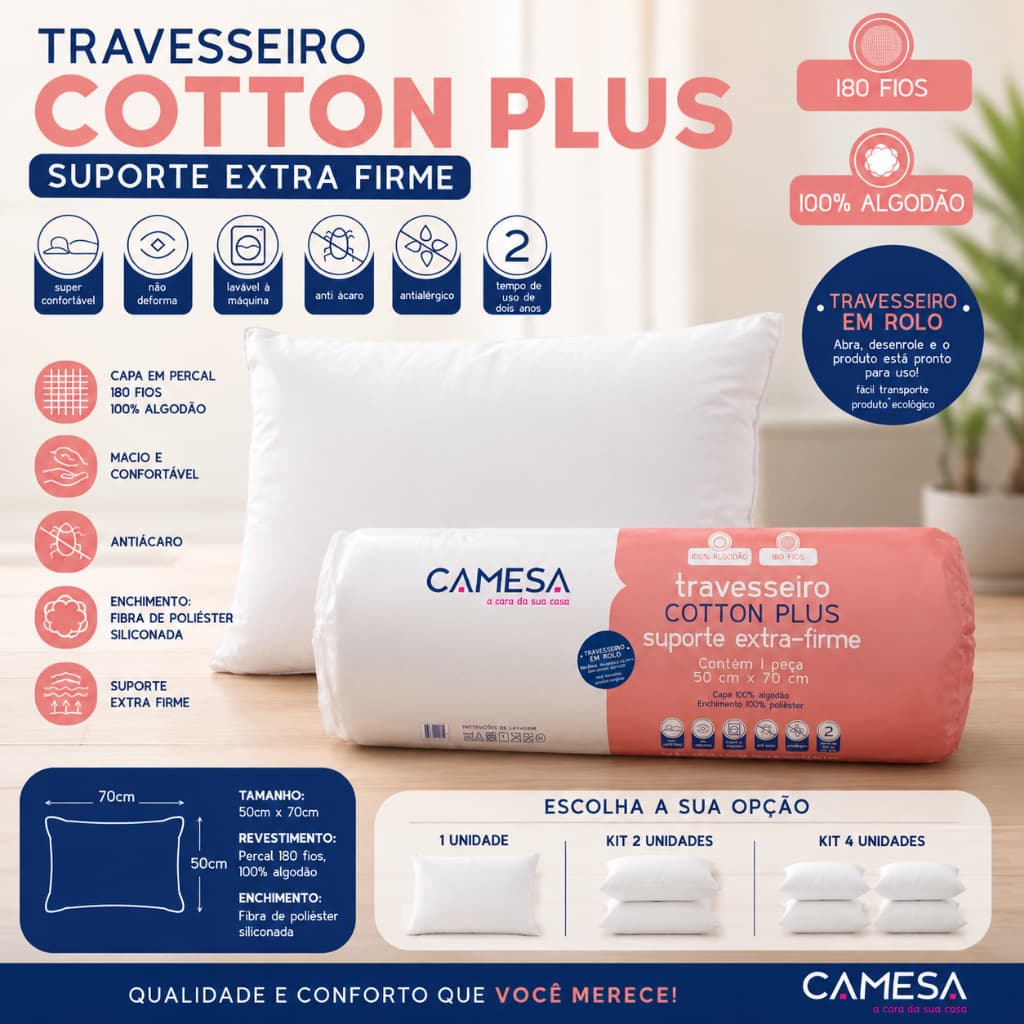 Travesseiro Ortopedico Cotton Plus 180 Fios 50x70 cm Extrafirme a Vácuo - Unitário e Kits Camesa