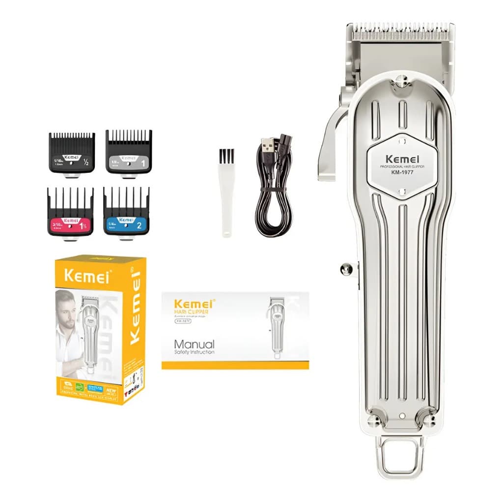 Kit Profissional Barbeiro Kemei Km1977 Km5207 Kmtx1 - Prateado