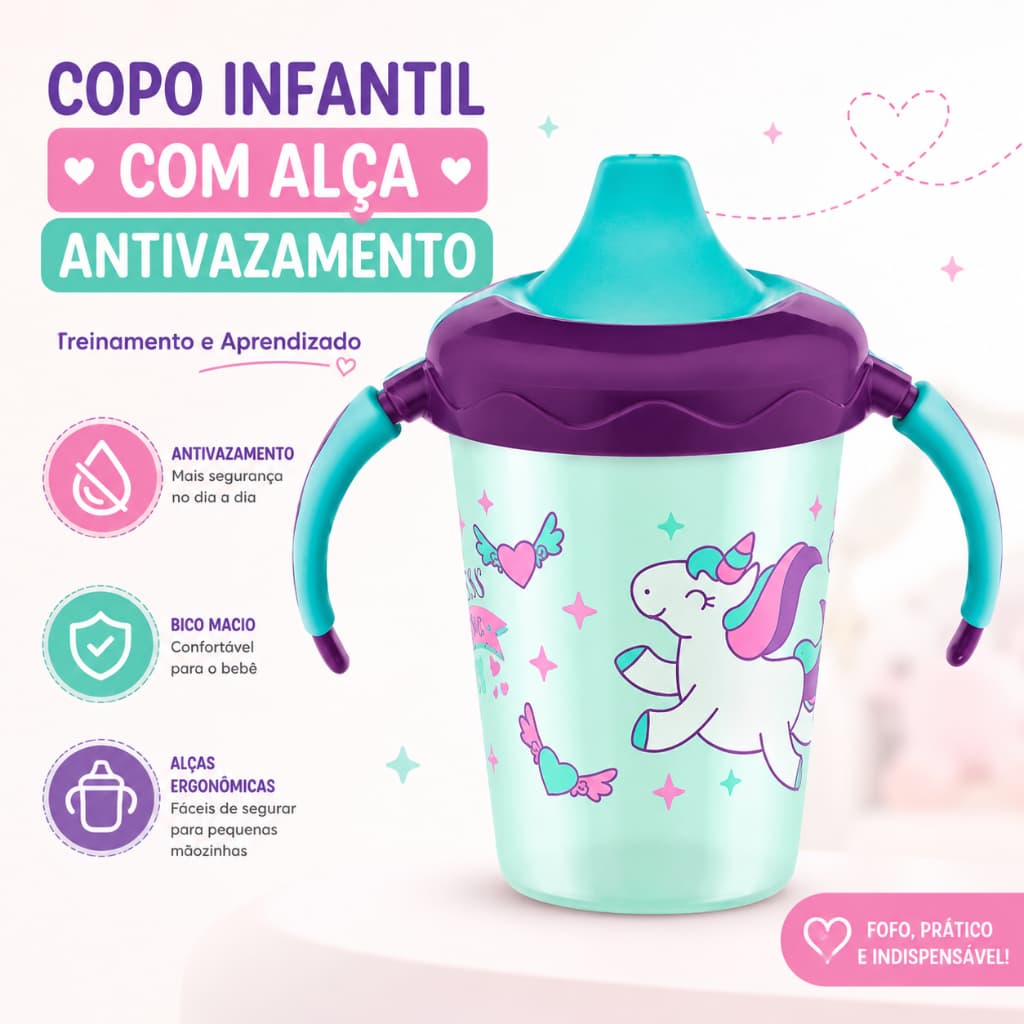 Copo Caneca Infantil Treinamento Antivazamento com Alça Bebê Aprendizado Transição Mamadeira