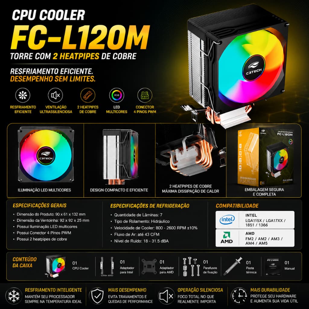 CPU Cooler Fan Para Processador Torre 2 heatpipes de cobre FC-L120M C3TECH