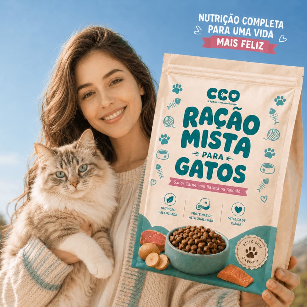 Ração para Gatos Mista 1 kg, 3 kg ou 5 kg Carne com Batata para Adultos ou Salmão para Castrados