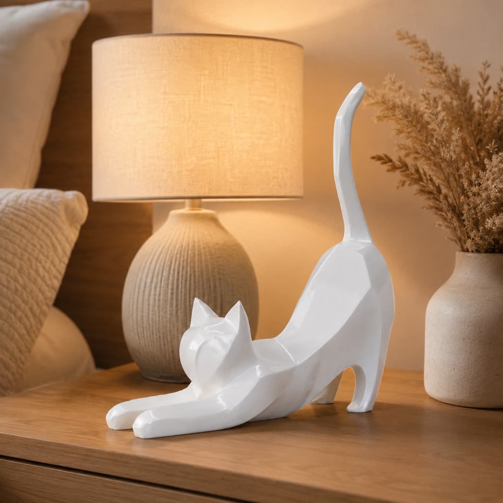 Gato Decorativo Branco Escultura Minimalista Enfeite Sala Quarto
