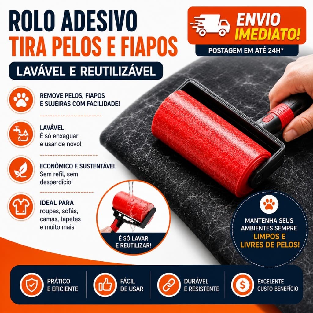 Rolo Tira Pelos e Fiapos Lavável Reutilizável Remove Pelos de Pet Roupa Sofá Cama