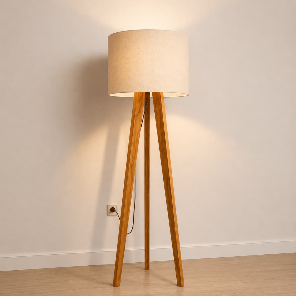 Luminária de Piso Moderna Abajur Chão Madeira Com Cúpula Tecido Off White Para Sala Escritório