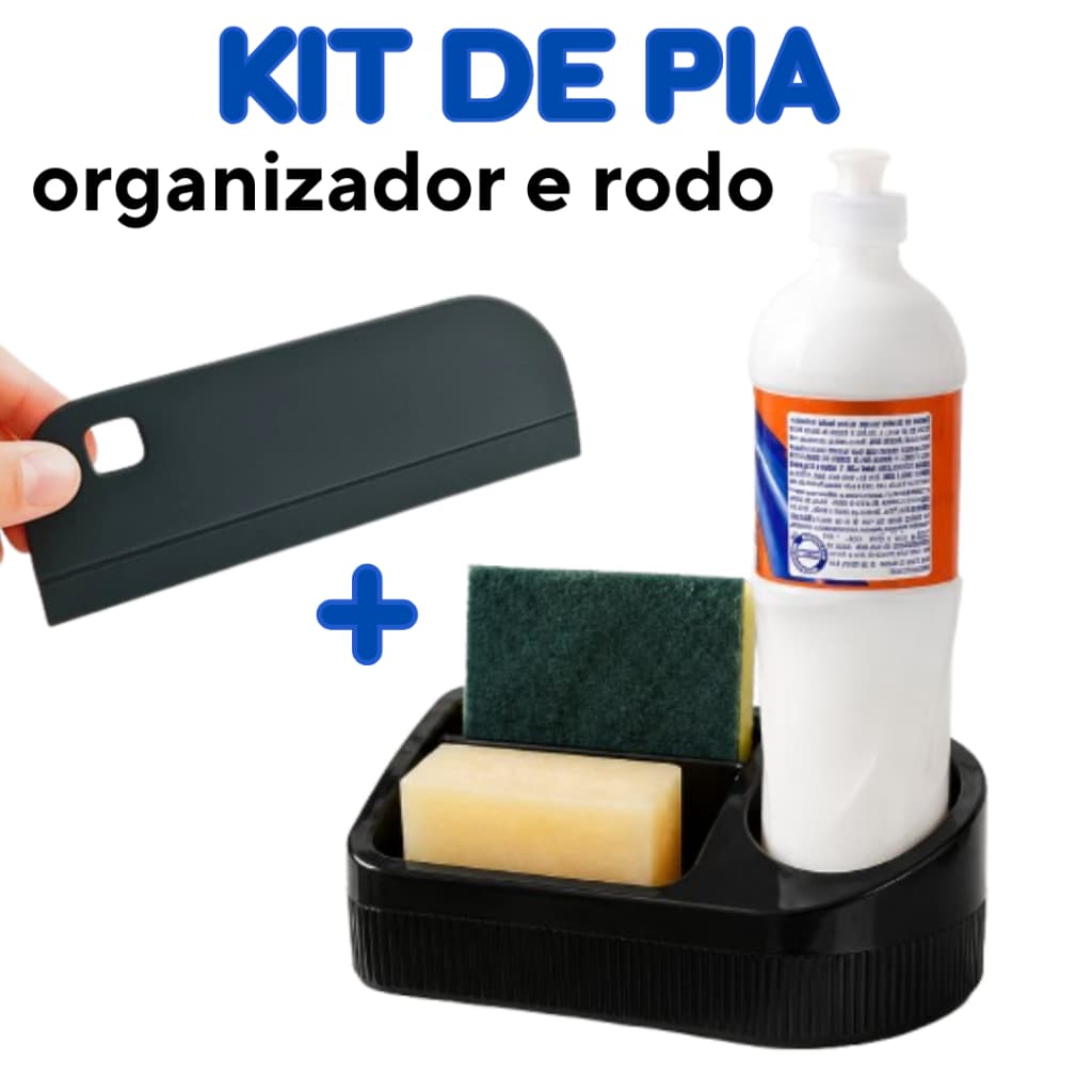 Kit Porta detergente e Rodo Preto 2 peças Rodinho de pia Compacto Slim