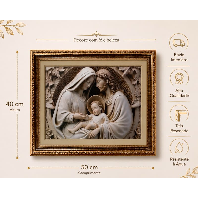 Quadro Sagrada Família 40x50cm Moldura Luxo | Tela Resinada Alta Qualidade Resistente à Água | Pronta Entrega