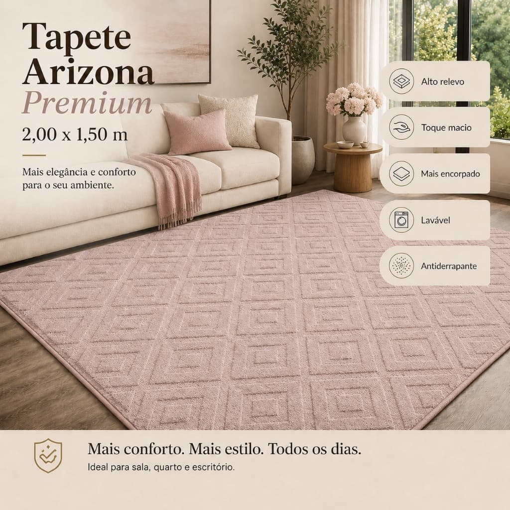 Tapete Sala 2,00x1,50 Geométrico Alto Relevo Premium Macio Antiderrapante Quarto Escritório Rosa Claro