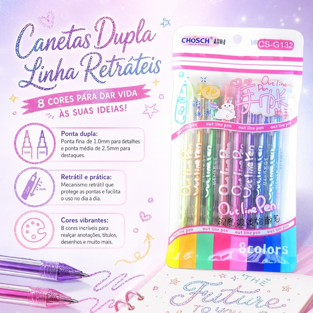Caneta Contorno Duplo Prata 1.0mm de Clique Marcador Fluorescente para Agenda Desenho Estudos