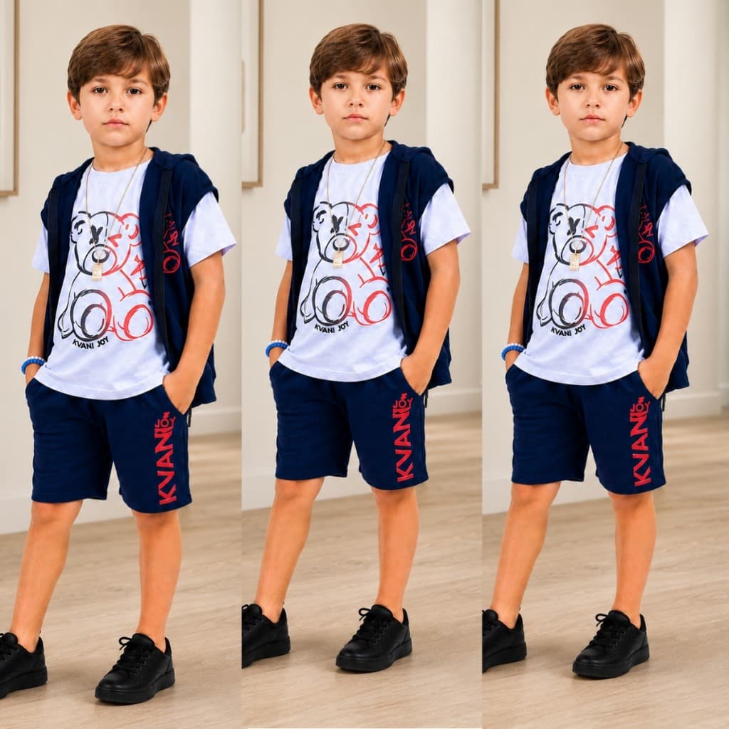Conjunto infantil Menino 3 Peças - Bermuda + Camiseta + Colete Estampada Casual Blogueirinho
