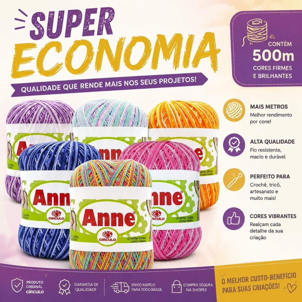Linha Anne Multicor 500 Para Croche e Trico 100% Algodão Círculo