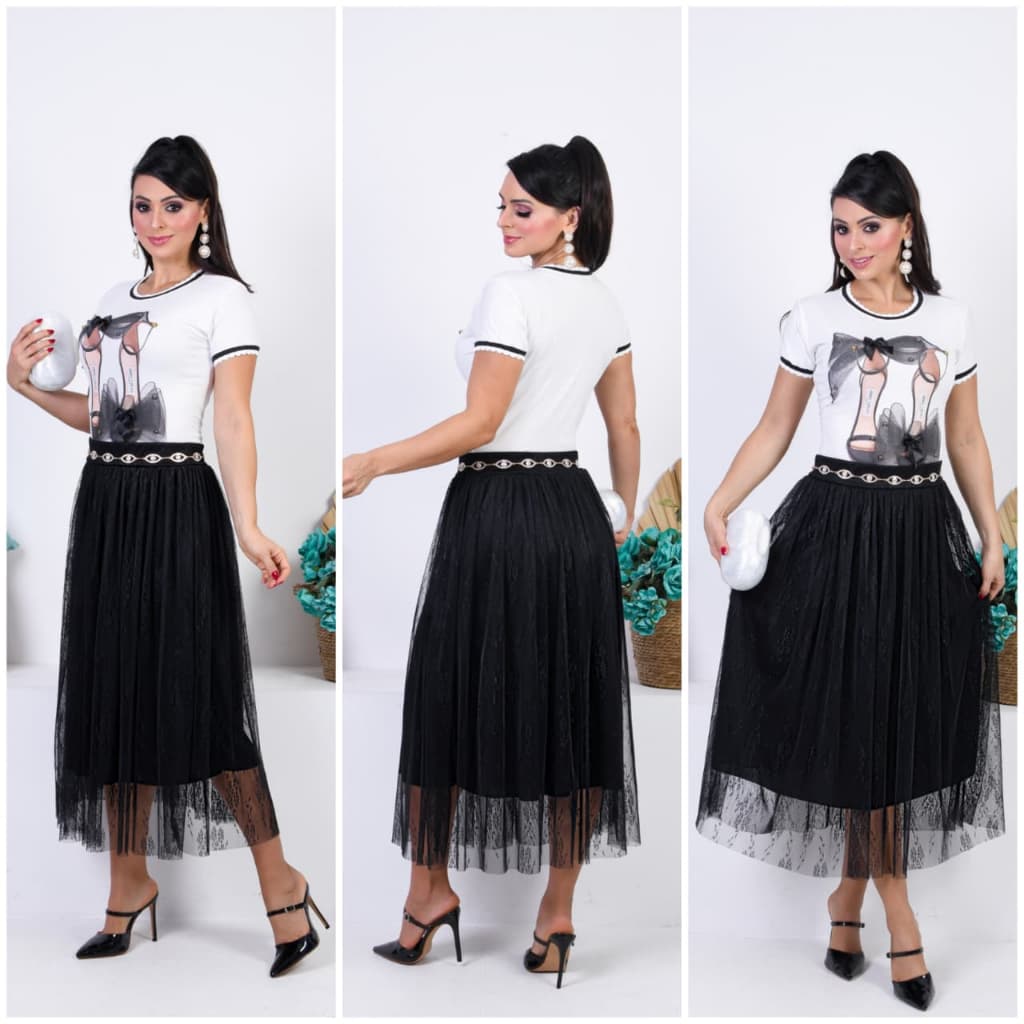 Saia Tule Midi Estampado Floral Elegante Moda Evangélica Feminina Para Congressos, Cultos e Eventos