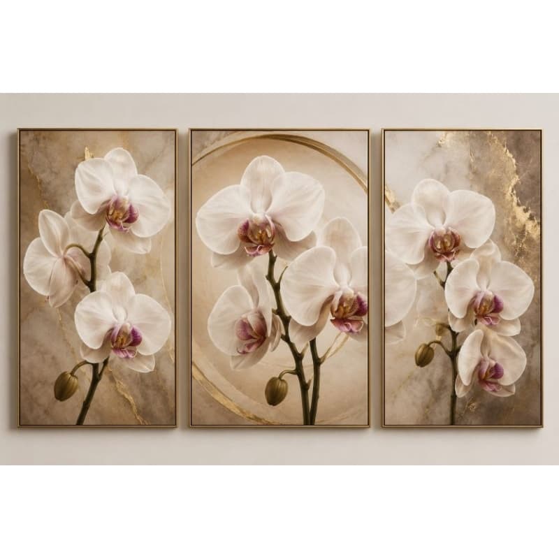 Quadro decorativo orquídea branca 3 peças para sala moderna