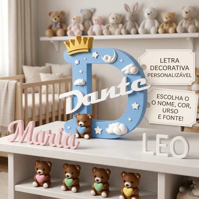 Letra Decorativa personalizada com Nome Enfeite 20x20x3 para Quarto de Bebê Nome Decorativo Infantil