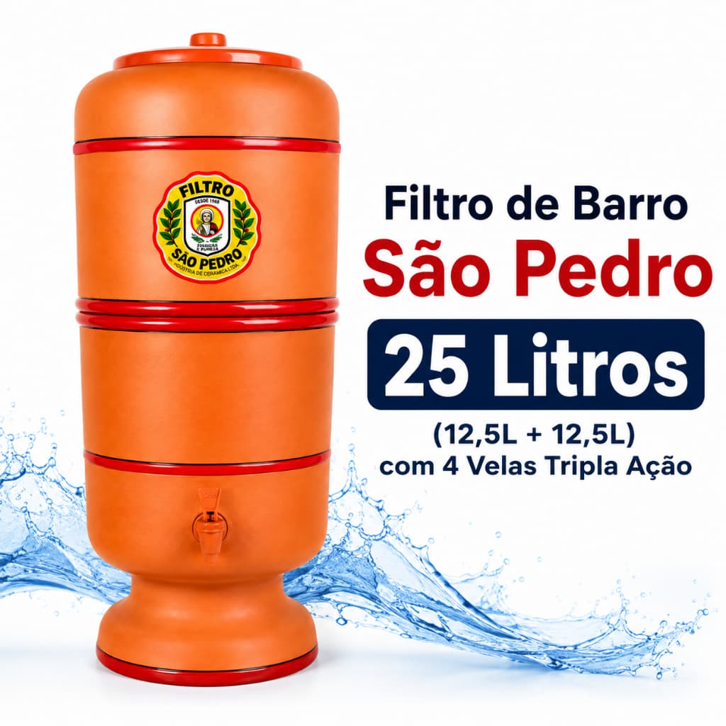 Filtro de Barro São Pedro 25 Litros (12,5+12,5) 4 Velas Tripla Ação + 4 Bóias Brinde Certificado Inmetro Completo