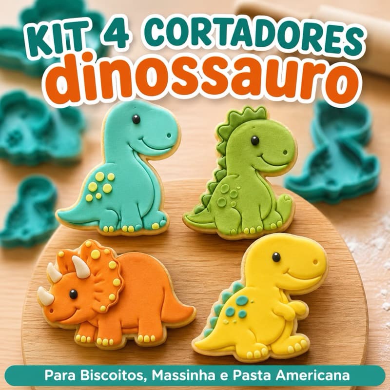 Kit Cortadores Dinossauro Infantil | Moldes para Biscoito, Pasta Americana e pão para lanches | Modelos Fofo