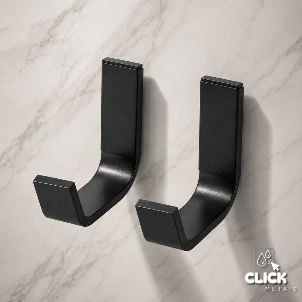 Kit 2 Cabides Banheiro Preto Fosco Gancho Multiuso Parede Porta Toalha Chaves Luxo Alumínio