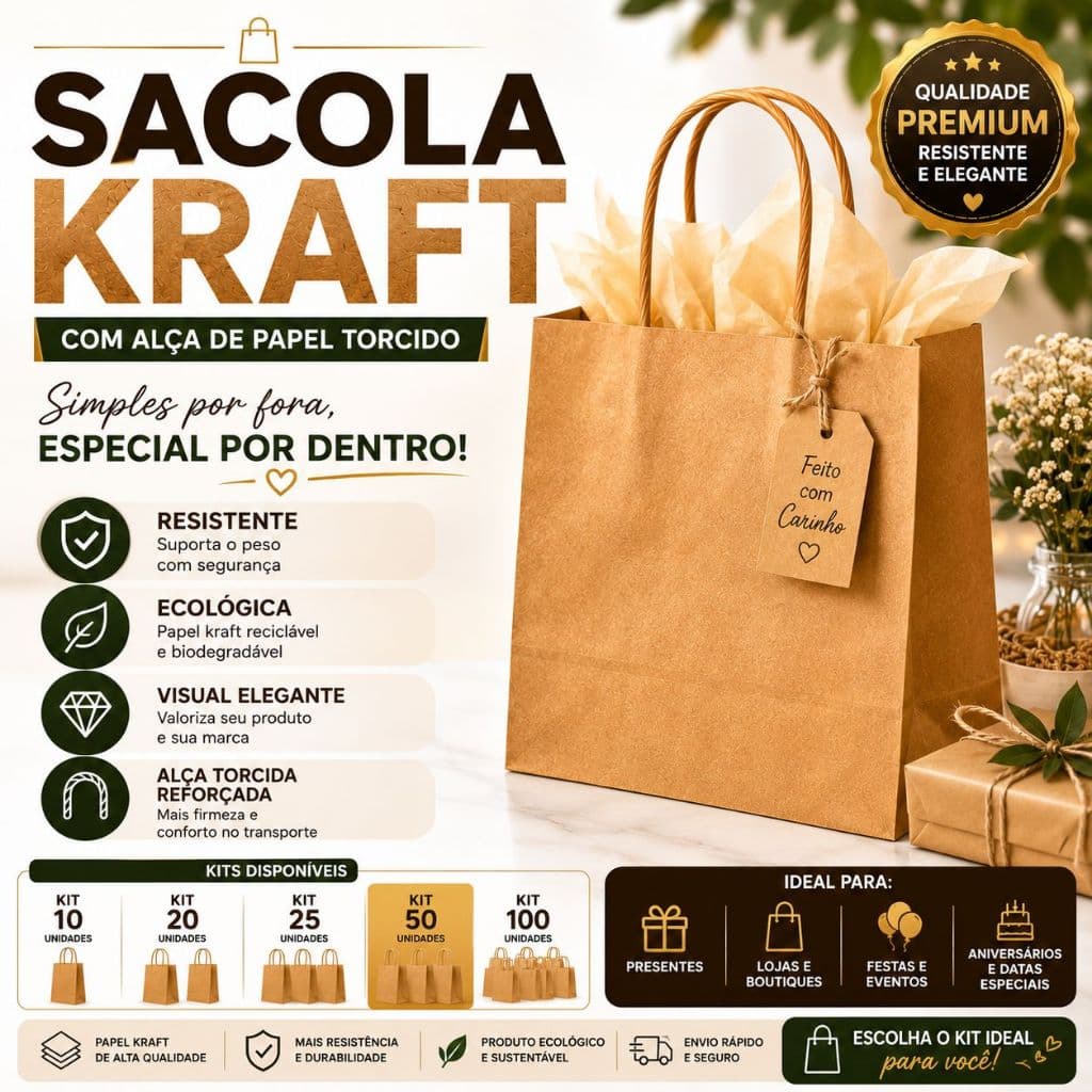SACOLA KRAFT KIT 10 20 25 50 100 UNIDADES Embalagem de Papel com Alça para Comércio e Eventos