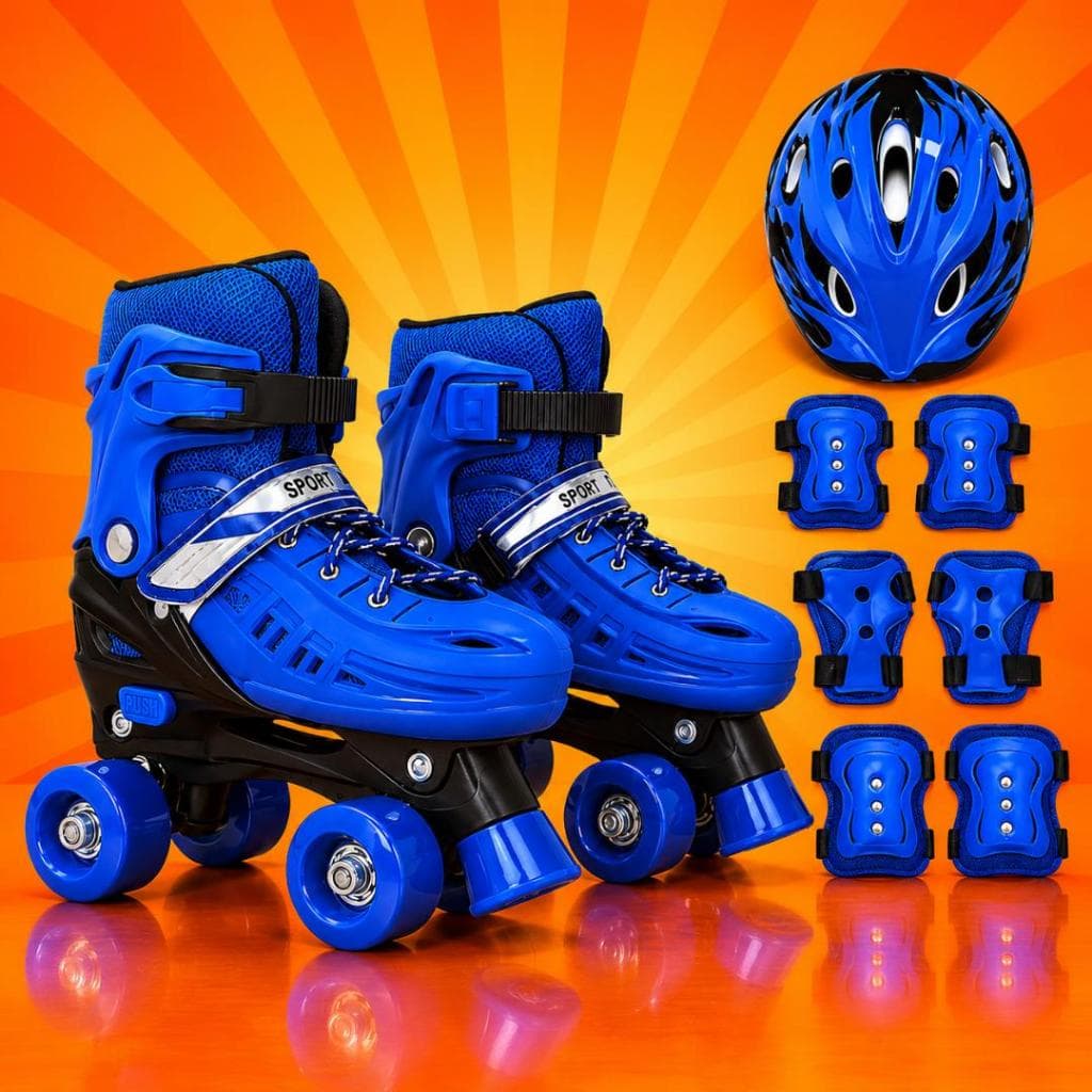 Patins Quad 4 Rodas Tamanho Regulável 29 até 40 Rosa, Azul e Preto + Bolsa + KIT DE PROTEÇÃO COMPLETO