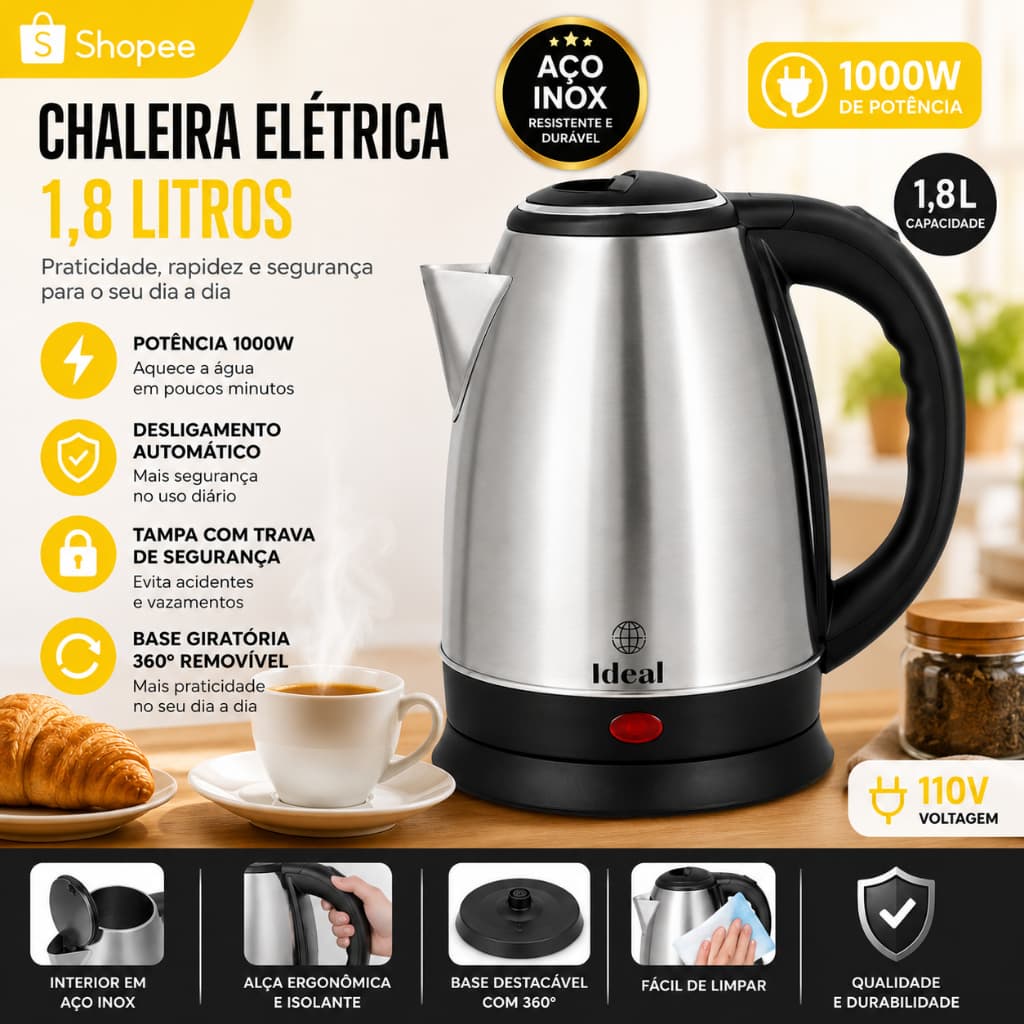 Chaleira Elétrica Inox 1,8L 1000W 110V Desligamento Automático Base 360°