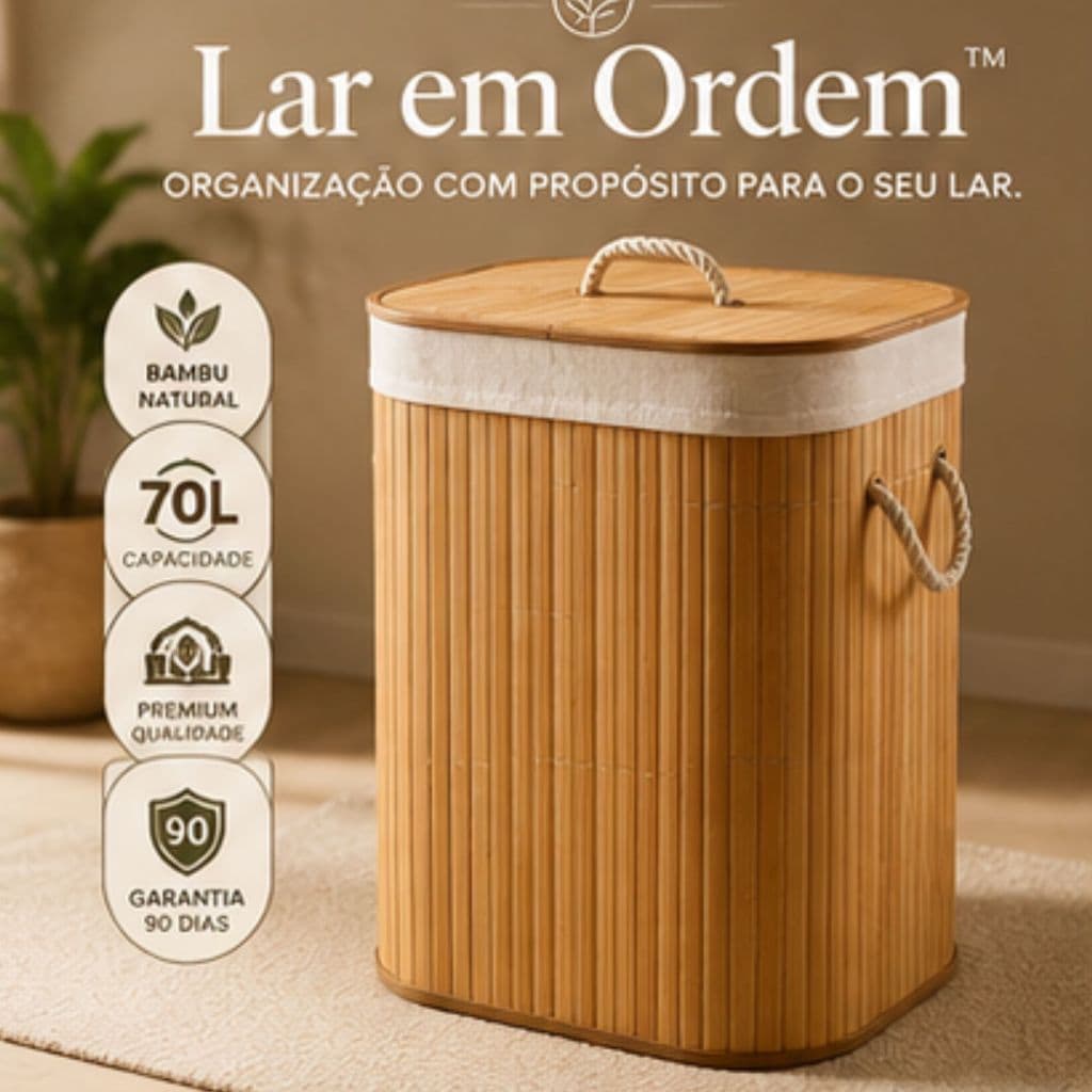 Cesto Organizador de Bambu 70L com Tampa e Alças | Lar em Ordem™