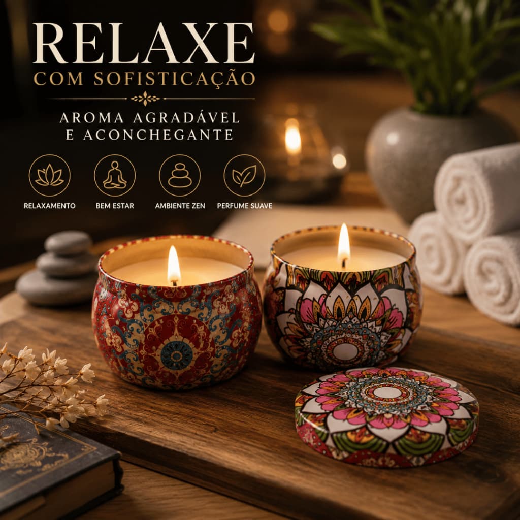 Kit 02 Velas Aromáticas Vela Na Lata Mandala Decorativa Perfumada Aromaterapia Relaxante Luxo