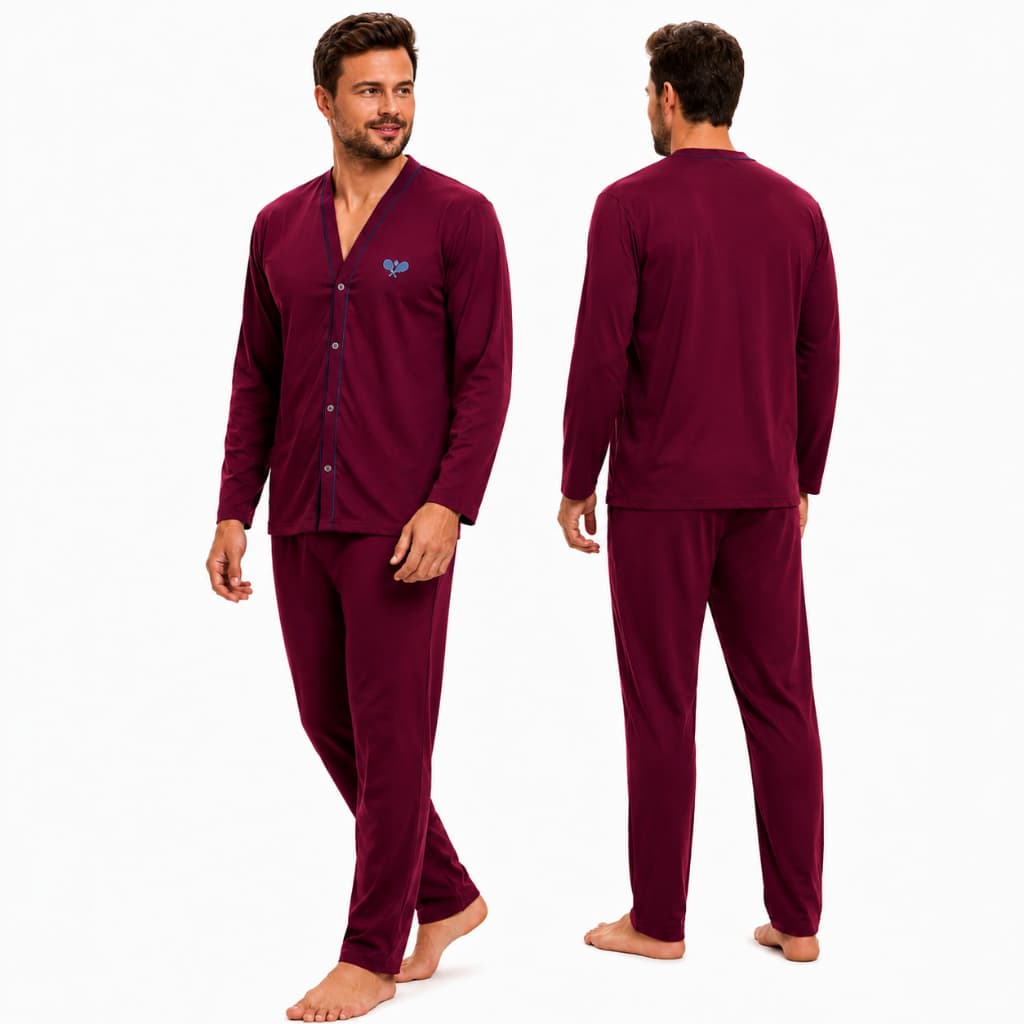 Pijama Masculino Aberto na Frente com Botão Manga Longa e Calça Comprida Conforto