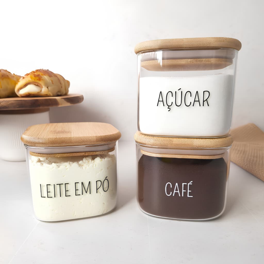 Kit 3 Potes Herméticos Vidro Quadrado Personalizado Resistente 600ml Com Tampa de Bambu Café Açúcar