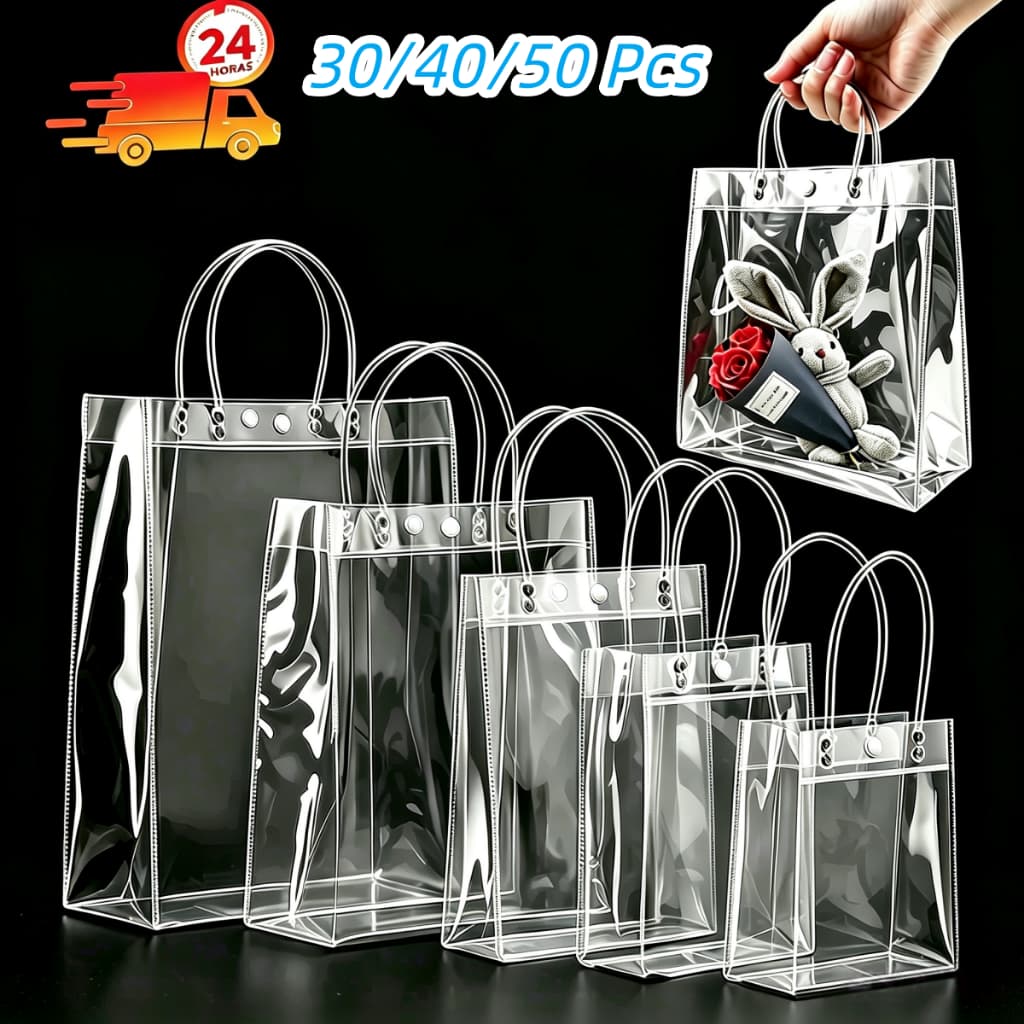 20/30/40/50 Sacos de Presente PVC Transparente com Alças Reutilizáveis para Dia dos Namorados Festa Junina Aniversário