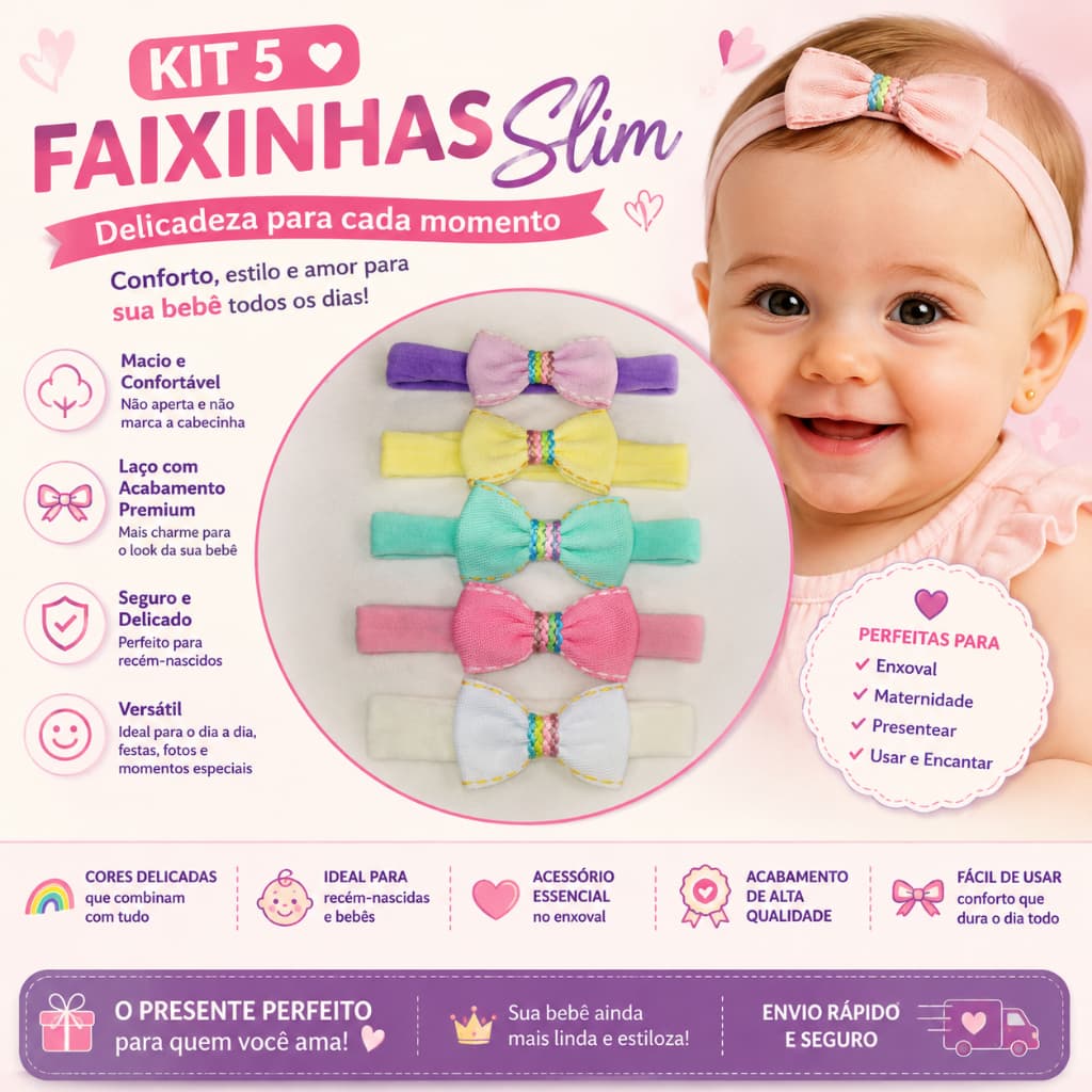 kit 5 faixinhas slim/tiaras baby/ enxoval/maternidade.