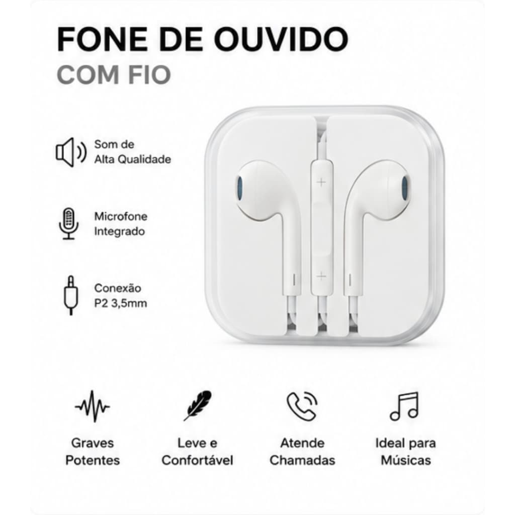 Fone de Ouvido Com Fio Branco P2 3,5 mm