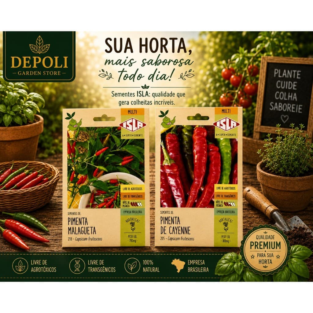 Kit Sementes 2 Tipos de Pimenta (Dedo-de-Moça De Cayenne E Malagueta) Isla Minha Horta