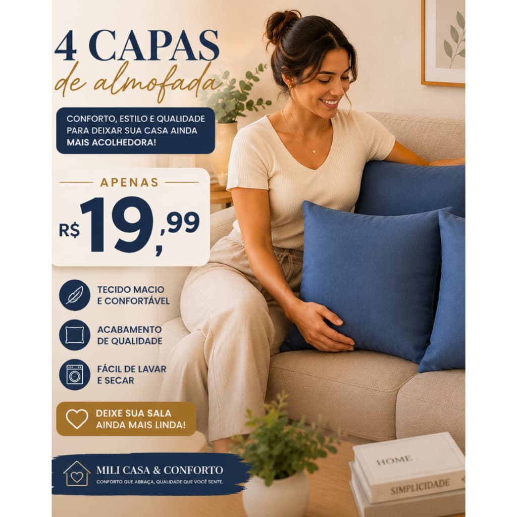 Capas de Almofadas fácil colocar em Tecido macio 200 fios Kit com 4 Lindas e Funcionais