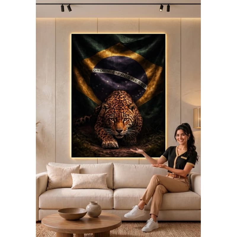 Quadro Decorativa Onça-Pintada e Bandeira Nacional: A Força da Natureza Brasileira na Sua Parede