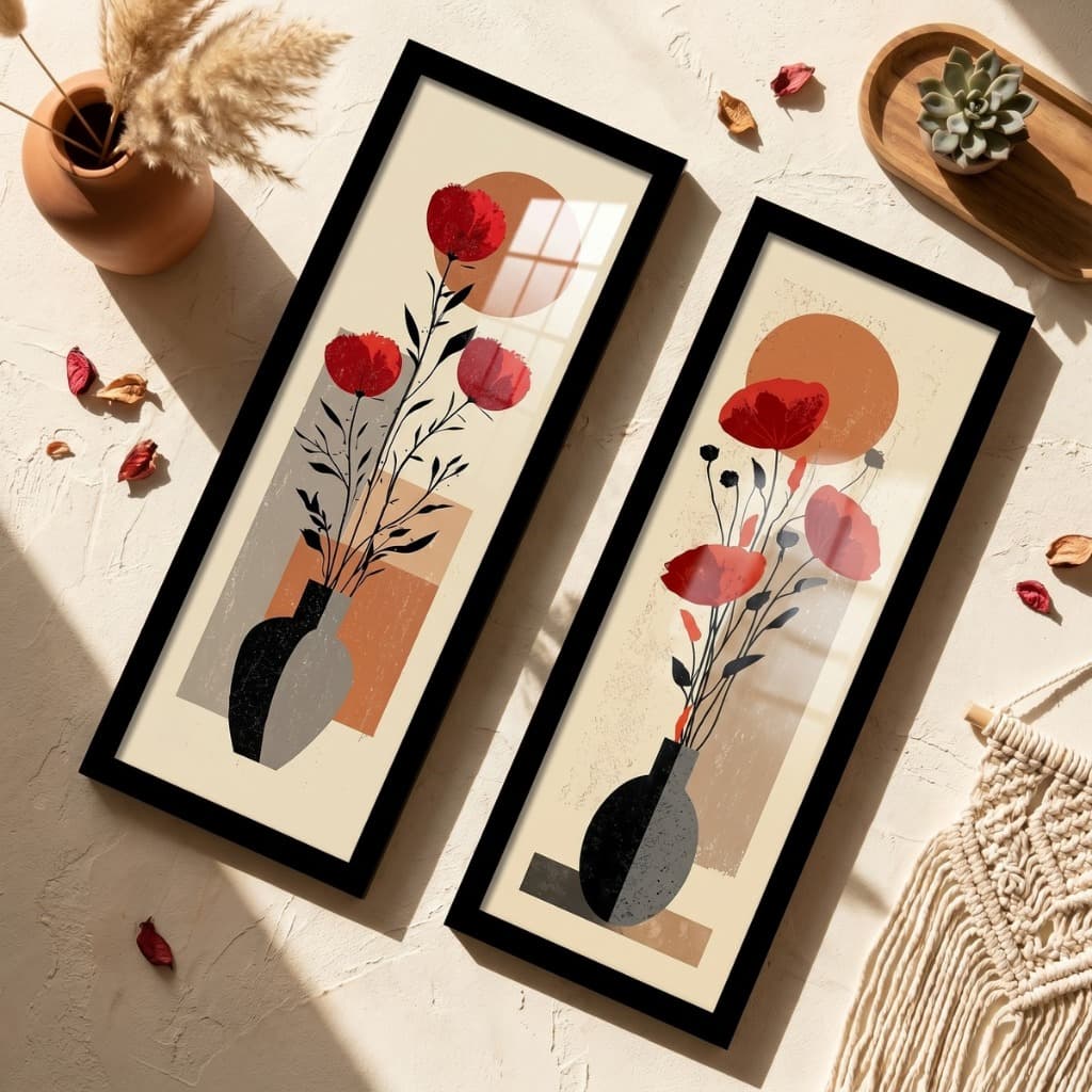 Quadros Decorativos Kit 2 Boho Minimalista Flores 18x45 Sala Escritório Moderno Moldura Vidro Pixer