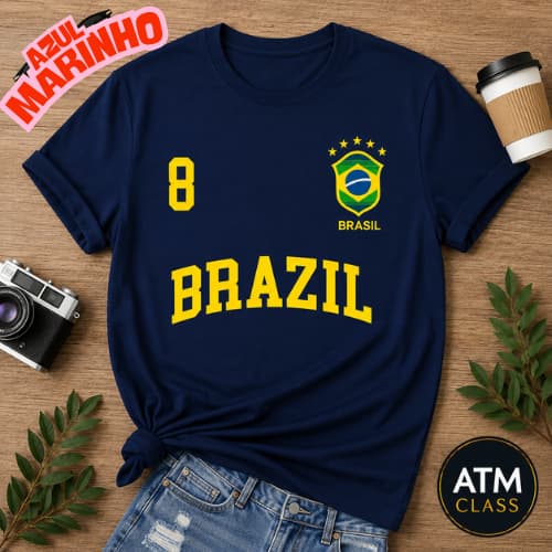 Camiseta CAmisa Infantil e Adulto Brasil 8 Azul Marinho Blusa Unissex 100% Algodão Envio Rapido