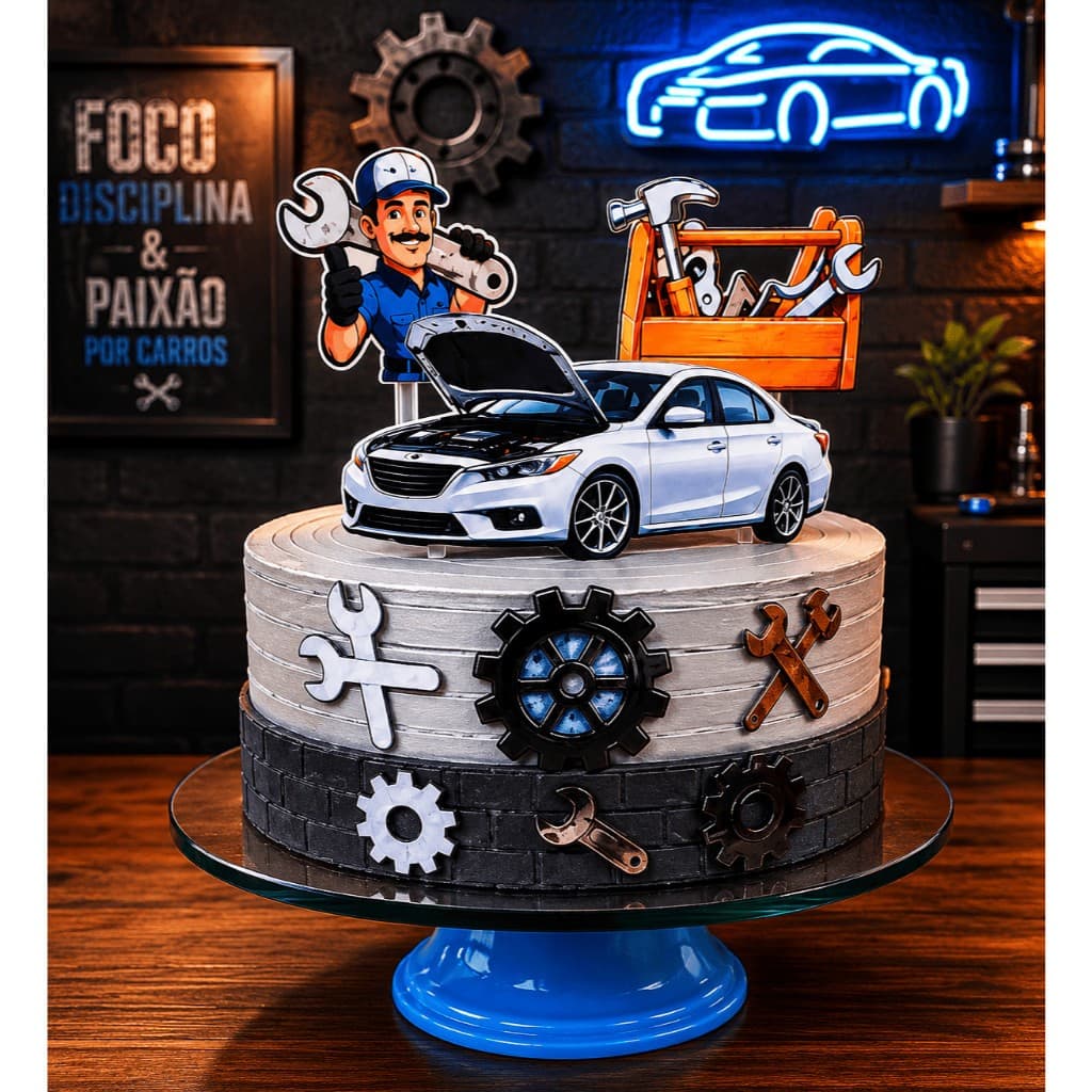 Topper/Topo Bolo Festa Homem Tema Decorativo Profissional Mecanico, AutoPeças, Carros, Ferramentas - Envio Imediato