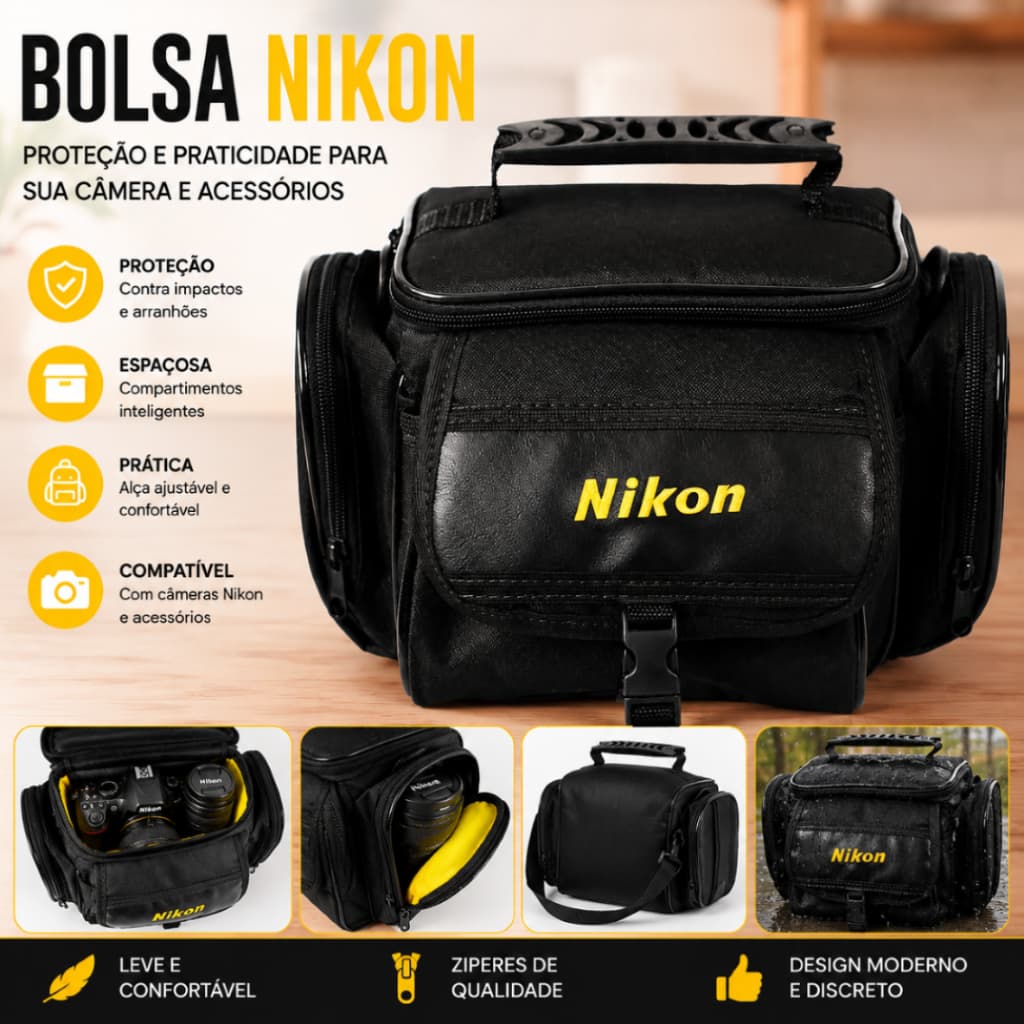Bolsa Fotográfica Para Câmera Nikon e Acessórios Case Bag DSLR D7000, D3200, D5300, D5200 Semi Impermeável