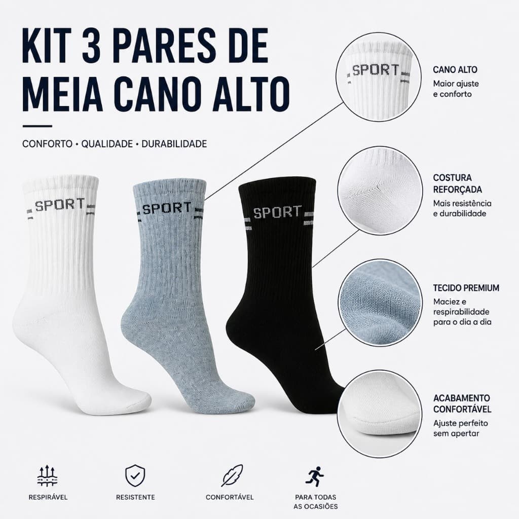 Kit 3 Pares de Meia Cano Alto Longo Médio Masculino Feminino