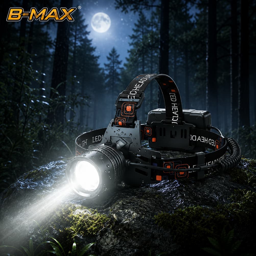 Lanterna de Cabeça LED P50 B-MAX BM-810 Recarregável USB com Zoom Super Potente para Pesca Camping Trilha Caça e Trabalh